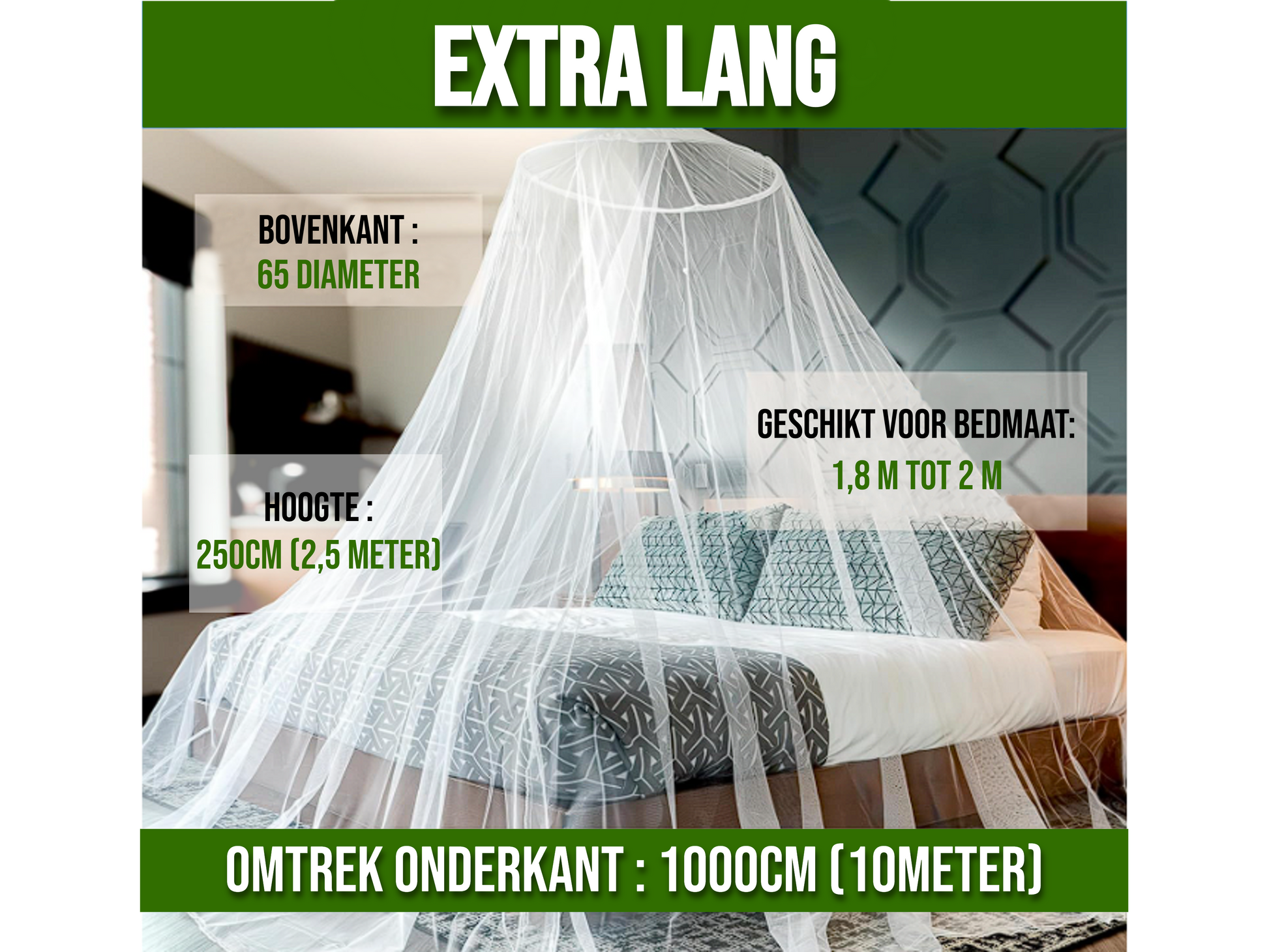 Luxe Klamboe - 100% Polyester - Hoogte 250cm - Omtrek 1000cm - Geschikt voor 1.8m-2m Bed